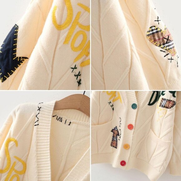 Women's Apricot Embroidered Heart Cardigan Polyester Button-Down Sweater - Picture 4 of 4